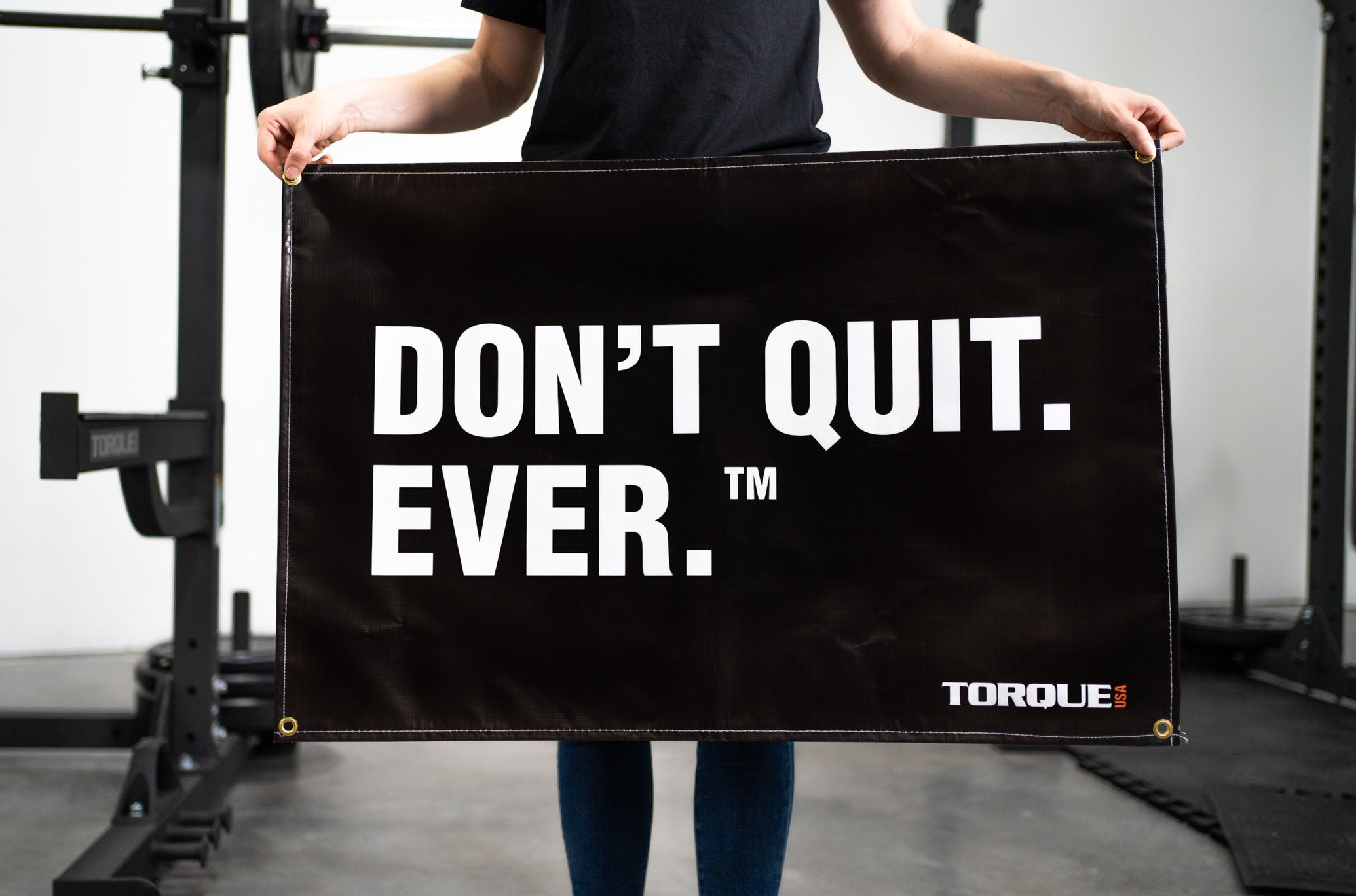 Torque Fitness Gym Banner Inspirational Message Slogan Don't Quit. Ever.